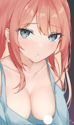 Rule 34 | 1girl, blue dress, blush, breasts, censored, cleavage, collarbone, dress, green eyes, highres, large breasts, looking at viewer, no bra, one breast out, orange hair, original, pout, ramchi, solo, tank top