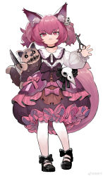 Rule 34 | 1girl, absurdres, animal ears, animal skull, arknights, black bow, black choker, bow, choker, doll, dress, footwear bow, fox ears, fox girl, fox tail, frown, full body, highres, holding, holding doll, holding knife, holding scissors, knife, long hair, looking at viewer, menthako, pantyhose, pink bow, pink eyes, pink hair, scissors, shamare (arknights), simple background, solo, standing, tail, twintails, v-shaped eyebrows, white background, white pantyhose
