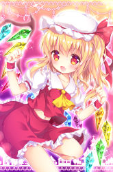 Rule 34 | 1girl, :d, ascot, blonde hair, blush, commentary request, crystal, enjoy mix, fang, fingernails, flandre scarlet, frilled shirt collar, frilled skirt, frilled sleeves, frills, gradient background, hands up, hat, hat ribbon, leg up, long hair, looking at viewer, midriff peek, mob cap, navel, one side up, open mouth, outline, puffy short sleeves, puffy sleeves, red eyes, red ribbon, red skirt, ribbon, short sleeves, skirt, skirt set, smile, solo, sparkle, touhou, w arms, wings, wrist cuffs, yellow ascot