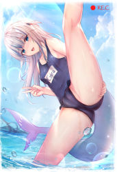 Rule 34 | 1girl, ass grab, blue background, blue eyes, blue hair, blue one-piece swimsuit, blue school swimsuit, blue sky, blunt bangs, blush, cameltoe, cloud, collarbone, crotch, fins, fish tail, from below, gawr gura, grabbing own ass, hair ornament, highres, hololive, hololive english, kneepits, looking at viewer, luminous, medium hair, multicolored hair, name tag, navel, ocean, old school swimsuit, one-piece swimsuit, open mouth, outdoors, partially submerged, recording, school swimsuit, shark girl, shark hair ornament, shark tail, sharp teeth, sky, solo, split, standing, standing on one leg, standing split, streaked hair, sunlight, swimsuit, swimsuit writing, tail, teeth, two side up, upper teeth only, v, virtual youtuber, wading, water, water drop, wet, white hair