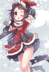 Rule 34 | 10s, 1girl, 2016, ;o, adapted costume, arm up, belt, black footwear, black gloves, black necktie, black skirt, blush, bobblehat, boots, brown eyes, brown hair, carrying, dated, elbow gloves, fur-trimmed boots, fur-trimmed sleeves, fur trim, gloves, hair bun, hat, highres, jumping, kantai collection, knee boots, koruri, looking at viewer, machinery, matching hair/eyes, miniskirt, motion blur, naka (kancolle), necktie, one eye closed, open mouth, over shoulder, pleated skirt, red hat, red shirt, sack, santa costume, santa hat, shirt, short sleeves, signature, single hair bun, skirt, snowing, solo, tareme, text focus, translation request
