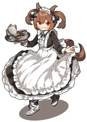Rule 34 | 1girl, alternate costume, amonitto, animal ears, apron, black dress, blush, brown eyes, brown hair, collared dress, converse, cup, dress, enmaided, full body, grin, high tops, highres, holding, holding tray, horse ears, horse girl, horse tail, long sleeves, looking at viewer, maid, maid apron, maid headdress, petticoat, saucer, shoes, skirt hold, smart falcon (umamusume), smile, sneakers, solo, tail, tea set, teacup, teapot, tray, twintails, umamusume, white footwear