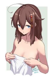 Rule 34 | 1girl, absurdres, ahoge, blue eyes, brown hair, collarbone, commentary request, dated, grey background, hair down, hair flaps, highres, holding, holding towel, kantai collection, looking at viewer, naked towel, shigure (kancolle), shigure kai ni (kancolle), solo, towel, umibudou, upper body