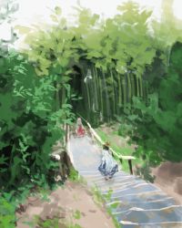 Rule 34 | 2girls, bamboo, bamboo forest, black headwear, blue dress, blue hair, bow, bridge, commentary request, dress, forest, fujiwara no mokou, full body, hair bow, hat, highres, kaigen 1025, kamishirasawa keine, light blue hair, long hair, multiple girls, nature, pants, puffy short sleeves, puffy sleeves, red bow, red pants, scenery, short sleeves, standing, touhou, very long hair, white hair, wide shot