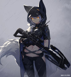 Rule 34 | 1girl, arknights, artist name, backlighting, baseball cap, black gloves, black hat, black pants, bow (weapon), braid, breasts, chinese commentary, cloak, closed mouth, commentary request, cowboy shot, crop top, crossbow, dated, gloves, hair between eyes, hair over shoulder, hat, headphones, highres, hip vent, holding, holding bow (weapon), holding crossbow, holding weapon, holster, hood, hooded cloak, hoodie, large tail, leggings, long hair, looking at viewer, medium breasts, midriff, navel, nian (zhanian), pants, provence (arknights), purple hair, rain, single braid, solo, standing, stomach, tail, thigh holster, thigh strap, thighs, walkie-talkie, weapon, wolf tail, yellow eyes