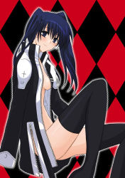 Rule 34 | 00s, 1girl, argyle, argyle background, argyle clothes, black thighhighs, blue hair, blush, braid, breasts, cleavage, d.gray-man, lenalee lee, long hair, looking at viewer, megumi ryouko, midriff, navel, no bra, open clothes, open shirt, red eyes, shirt, single braid, solo, stomach, thighhighs, thighs, twintails, zettai ryouiki