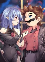 Rule 34 | 1boy, 1girl, absurdres, alternate costume, bat wings, black dress, black jacket, blue eyes, blue hair, breasts, brown hair, collared shirt, dress, facial hair, fang, hand on own hip, highres, indoors, jacket, legs, looking at another, looking at viewer, mario, mario (series), medium breasts, mustache, necktie, necktie grab, neckwear grab, nintendo, open mouth, pants, pointy ears, red eyes, remilia scarlet, ruu (ruigi12), shirt, short hair, skin fang, sleeveless, smile, super mario bros. 1, thighs, tongue, tongue out, touhou, window, wings