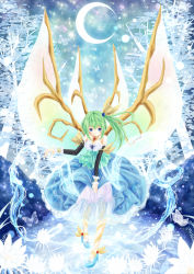 Rule 34 | 1girl, alternate costume, bare shoulders, blue background, blue dress, blue eyes, blue footwear, bug, butterfly, crescent moon, daiyousei, detached sleeves, dress, fairy wings, female focus, flower, formal, full body, gown, green hair, high heels, highres, insect, jewelry, lace, large wings, light smile, long hair, long sleeves, moon, multiple wings, necklace, runathito, see-through, shoes, side ponytail, solo, touhou, wings, wrist cuffs