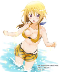 Rule 34 | 10s, 1girl, bikini, blonde hair, blush, bouncing breasts, braid, breasts, charlotte dunois, cleavage, covered erect nipples, hair ribbon, highres, infinite stratos, kimura shigetaka, navel, open mouth, purple eyes, ribbon, short hair, smile, solo, swimsuit, wading, water