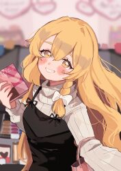 Rule 34 | 1girl, adapted costume, apron, bag, black apron, blonde hair, blurry, blurry background, blush, bow, box, box of chocolates, braid, chocolate, commentary request, food, grin, hair bow, highres, holding, holding chocolate, holding food, kirisame marisa, long hair, long sleeves, looking at viewer, no headwear, shopping bag, smile, solo, sweater, touhou, uchisaki himari, upper body, valentine, white bow, white sweater, yellow eyes