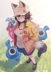Rule 34 | 1girl, absurdres, akuma (st.takuma), alternate costume, animal ears, black hair, blue eyes, breasts, candy, cellien (kemono friends), collar, collarbone, ears through headwear, food, food in mouth, full body, grey wolf (kemono friends), hand in pocket, hat, heterochromia, highres, kemono friends, lollipop, looking at viewer, multicolored hair, nail polish, outdoors, pocket, solo focus, standing, tail, two-tone hair, white hair, wolf ears, wolf girl, wolf tail, yellow eyes