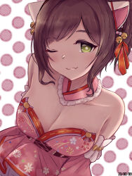 Rule 34 | 1girl, ;), bare shoulders, blush, breasts, bright pupils, brown hair, cat, cleavage, collar, collarbone, dated, detached collar, detached sleeves, fang, floral print, frilled collar, frills, highres, idolmaster, idolmaster cinderella girls, japanese clothes, kimono, koitusmile, large breasts, light smile, looking at viewer, maekawa miku, one eye closed, pink kimono, polka dot, polka dot background, smile, solo, strapless kimono, swept bangs, upper body