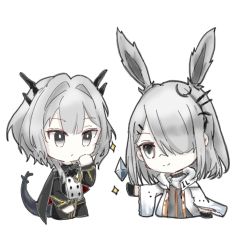 Rule 34 | 2girls, animal ears, arknights, black jacket, chibi, closed mouth, commentary request, cropped torso, crystal, elovelingge, frostnova (arknights), grey eyes, grey hair, hair intakes, hair ornament, hair over one eye, hairclip, highres, jacket, long hair, long sleeves, multiple girls, open clothes, open jacket, rabbit ears, simple background, sparkle, tail, talulah (arknights), upper body, white background, white jacket