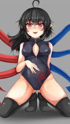 Rule 34 | 1girl, ahoge, arm behind back, ass, black hair, black thighhighs, blush, breasts, daichi (tokoya), fingernails, front zipper swimsuit, gluteal fold, grey background, hand on own stomach, highres, houjuu nue, looking at viewer, meme attire, one-piece swimsuit, pointy ears, red eyes, short hair, simple background, small breasts, smile, solo, squatting, swimsuit, thighhighs, thighs, tokoya, tongue, tongue out, touhou, wings
