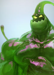 Rule 34 | 1boy, bara, glowing, glowing eyes, highres, large pectorals, league of legends, looking at viewer, male focus, monster boy, muscular, muscular male, nude, pectoral focus, pectoral lift, pectorals, pointing, pointing at self, grabbing own breast, slime boy, solo, uleez, upper body, zac (league of legends)