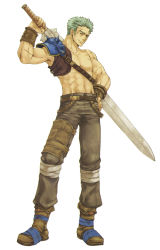 Rule 34 | 1boy, abs, boots, dieck (fire emblem), fire emblem, fire emblem: the binding blade, full body, green hair, highres, kaneda eiji, male focus, nintendo, official art, scar, topless male, simple background, solo, sword, weapon, white background