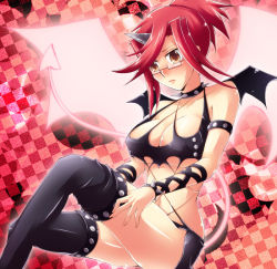 Rule 34 | 1girl, blush, breasts, cleavage, cosplay, devil girl, glasses, izayoi aki, kneesocks (psg), large breasts, panty &amp; stocking with garterbelt, red hair, tail, thighhighs, wings, yu-gi-oh!, yu-gi-oh! 5d&#039;s