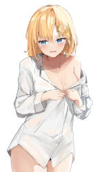 Rule 34 | 1girl, black panties, blonde hair, blue eyes, blush, breasts, cleavage, collarbone, hair ornament, highres, hololive, hololive english, large breasts, medium hair, mole, mole on breast, panties, shirt, shuuzo3, simple background, single bare shoulder, solo, thighs, underwear, undressing, virtual youtuber, watson amelia, white background, white shirt