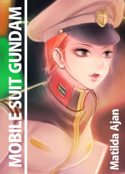 1girl, gundam, hat, matilda ajan, military, military uniform, mobile suit gundam, red hair, solo, text focus, uniform, yamadaokutarou