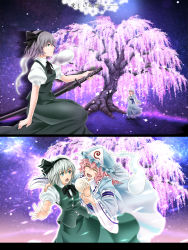 Rule 34 | 2girls, ^ ^, arkatopia, arm garter, baozi, cherry blossoms, closed eyes, expressionless, closed eyes, food, green eyes, hair ribbon, hand on hilt, hat, highres, holding another&#039;s wrist, japanese clothes, kimono, konpaku youmu, konpaku youmu (ghost), looking at another, looking up, mob cap, multiple girls, obi, open hand, open mouth, outdoors, outstretched arm, petals, pink hair, profile, puffy short sleeves, puffy sleeves, ribbon, saigyou ayakashi, saigyouji yuyuko, sash, short hair, short sleeves, silver hair, sitting, skirt, skirt set, split screen, sword, touhou, tree, triangular headpiece, weapon