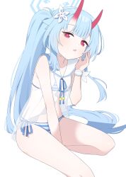 Rule 34 | 1girl, absurdres, bikini, blue archive, blue hair, blunt bangs, chise (blue archive), chise (swimsuit) (blue archive), collarbone, commentary request, flower, hagoonha, hair flower, hair ornament, halo, highres, horns, long hair, looking at viewer, official alternate costume, official alternate hairstyle, parted lips, ponytail, red eyes, sailor collar, see-through camisole, side-tie bikini bottom, sidelocks, simple background, sitting, skin-covered horns, solo, stomach, striped bikini, striped clothes, swimsuit, whispering, white background, white sailor collar, wrist wrap