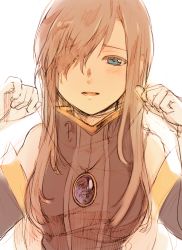 Rule 34 | 1girl, bare shoulders, blue eyes, blush, breasts, brown hair, dress, elbow gloves, gloves, hair over one eye, long hair, luke fon fabre, necklace, open mouth, tales of (series), tales of the abyss, tear grants