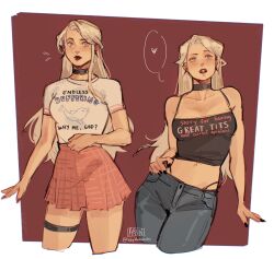 Rule 34 | 1girl, absurdres, bbybluemochi, breasts, cleavage, clothes writing, collar, crop top, denim, english text, fingernails, heart, highres, jeans, long hair, original, pants, shirt, skirt, small breasts, thigh strap, thighs, white hair, white shirt