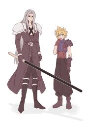 Rule 34 | 2boys, armor, asymmetrical armor, belt, black belt, black coat, black footwear, black gloves, black pants, blonde hair, blue eyes, boots, brown gloves, chest strap, clenched hand, cloud strife, coat, expressionless, final fantasy, final fantasy vii, flat color, food, full body, gloves, green eyes, grey hair, hand to own mouth, high collar, highres, holding, holding food, holding pocky, keiseki1, knee boots, leather belt, long bangs, long coat, long hair, long sleeves, male focus, multiple boys, no pupils, open mouth, oversized food, oversized object, pants, parted bangs, pauldrons, pocky, pocky day, puffy pants, purple sweater, sephiroth, shadow, short hair, shoulder armor, simple background, single pauldron, sleeveless, sleeveless turtleneck, solo, standing, suspenders, sweater, turtleneck, very long hair, white background
