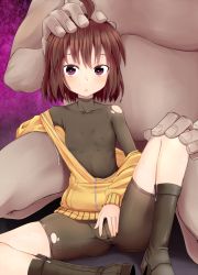 Rule 34 | 1boy, 1girl, ahoge, bike shorts, boots, brown eyes, brown hair, clothed female nude male, commentary request, covered erect nipples, fat, fat man, flat chest, head out of frame, heart, heart-shaped pupils, hood, hoodie, linne, nude, off shoulder, open clothes, open hoodie, poncocchan, short hair, sitting, solo focus, spread legs, spread pussy under clothes, symbol-shaped pupils, torn clothes, under night in-birth, zipper