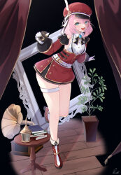 Rule 34 | 1girl, absurdres, ankle boots, aqua eyes, belt, beret, blue brooch, book, boots, breasts, brooch, camera, charlotte (genshin impact), commentary, curtains, detached sleeves, dress, genshin impact, gloves, hat, highres, holding, holding camera, jewelry, knee up, lantern, looking at viewer, medium breasts, medium hair, monocle, open mouth, phonograph, pink hair, pisuke (user kcmh2774), plant, portrait (object), potted plant, red dress, red footwear, red hat, short dress, signature, smile, solo, table, teeth, thigh strap, upper teeth only, white belt, white gloves, wooden floor, wooden table