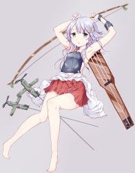 Rule 34 | 1girl, armpits, bare legs, barefoot, bow (weapon), cosplay, crescent, crescent hair ornament, full body, green eyes, hair ornament, hamaken. (novelize), kantai collection, long hair, looking at viewer, open mouth, purple hair, simple background, solo, weapon, yayoi (kancolle), zuikaku (kancolle), zuikaku (kancolle) (cosplay)