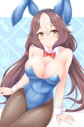 Rule 34 | 1girl, alternate costume, animal ears, bare shoulders, black pantyhose, blue leotard, bow, bowtie, breasts, brown hair, cleavage, closed mouth, commentary request, cowboy shot, detached collar, fake animal ears, gurukorian, hair between eyes, highres, horse girl, large breasts, leotard, long hair, looking at viewer, low twintails, multicolored hair, nontraditional playboy bunny, pantyhose, red bow, red bowtie, sitting, smile, solo, strapless, strapless leotard, streaked hair, twintails, umamusume, very long hair, white hair, wrist cuffs, yamanin zephyr (umamusume)