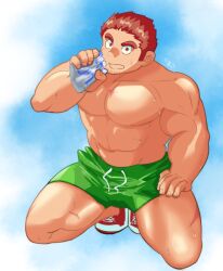 Rule 34 | 1boy, abs, bara, brown hair, bulge, drinking, facial hair, facial scar, full body, goatee, kneeling, large pectorals, looking at viewer, male focus, muscular, muscular male, navel, pectorals, ragi san (ononokomachiimo), raised eyebrows, scar, scar on cheek, scar on face, shoes, short hair, short shorts, shorts, sideburns stubble, sneakers, solo, spiked hair, staring, stomach, strongman waist, stubble, sweat, tamamura gunzo, thick eyebrows, thighs, tokyo houkago summoners, wide-eyed