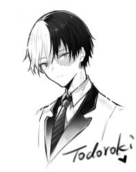 Rule 34 | 1boy, bai qi-qsr, boku no hero academia, character name, closed mouth, coattails, collared jacket, collared shirt, commentary, cropped shoulders, expressionless, greyscale, heart, heterochromia, jacket, looking at viewer, male focus, monochrome, multicolored hair, necktie, scar, scar on face, shirt, short hair, simple background, solo, striped necktie, todoroki shouto, two-tone hair, white background