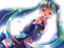 Rule 34 | 1girl, backlighting, detached sleeves, closed eyes, green hair, hatsune miku, long hair, necktie, open mouth, own hands clasped, own hands together, skirt, solo, thighhighs, twintails, urara (sumairuclover), very long hair, vocaloid, white background