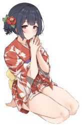 Rule 34 | 1girl, aa211108, absurdres, bare legs, barefoot, blue hair, blush, dark blue hair, flower, hair bun, hair flower, hair ornament, highres, idolmaster, idolmaster shiny colors, japanese clothes, kimono, leaf print, looking at viewer, maple leaf print, morino rinze, own hands together, red eyes, red kimono, seiza, short kimono, single side bun, sitting, solo, wide sleeves