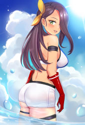 Rule 34 | 1girl, ass, azur lane, blue hair, blue sky, blush, breasts, brown hair, cloud, cloudy sky, commentary request, dark-skinned female, dark skin, day, elbow gloves, gloves, green eyes, hair over one eye, hair ribbon, highres, lenxiao, looking at viewer, looking back, medium breasts, midriff, multicolored hair, northampton (warship girls r), outdoors, parted lips, red gloves, ribbon, short shorts, shorts, sky, solo, standing, sun, sunlight, two-tone hair, wading, water, water drop, white shorts, yellow ribbon