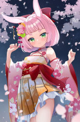 Rule 34 | 1girl, :3, animal ears, artist name, bare shoulders, blunt bangs, blunt ends, blush, bob cut, bow, braid, cherry blossoms, closed mouth, commission, cowboy shot, detached sleeves, english text, falling petals, female focus, floral print, green eyes, hair bow, hair ornament, highres, japanese clothes, kanzashi, kemomimi refle!, kimono, looking at viewer, night, night sky, obi, paid reward available, petals, pink hair, print kimono, rabbit ears, red bow, sash, sese nagi, signature, skeb commission, sky, sleeveless, sleeveless kimono, smile, sparkle, star (sky), thank you, thick eyebrows, uno sakura, virtual youtuber, wide sleeves