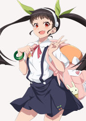 Rule 34 | 1girl, :d, absurdres, backpack, bag, bakemonogatari, black hair, blue skirt, blush, bracelet, commentary request, cowboy shot, fang, green bracelet, green ribbon, hachikuji mayoi, hairband, hands up, highres, jewelry, long hair, looking at viewer, monogatari (series), naoetsu high school uniform, neck ribbon, nishizuki shino, open mouth, pleated skirt, red eyes, red ribbon, ribbon, school uniform, shirt, short sleeves, simple background, skin fang, skirt, smile, solo, star (symbol), suspender skirt, suspenders, twintails, v, white background, white shirt