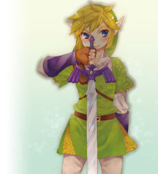 Rule 34 | 1boy, androgynous, bad id, bad pixiv id, blonde hair, blue eyes, fingerless gloves, gloves, hat, link, lips, male focus, master sword, mitsubachi koucha, nintendo, pointy ears, smile, solo, standing, sword, the legend of zelda, tunic, weapon