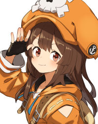 Rule 34 | 1girl, anchor symbol, belt buckle, black gloves, blush, brown eyes, brown hair, buckle, cabbie hat, closed mouth, fingerless gloves, gazacy (dai), gloves, guilty gear, guilty gear strive, hand up, hat, highres, long hair, long sleeves, looking at viewer, may (guilty gear), orange hat, orange sweater, simple background, skull and crossbones, smile, solo, sweater, white background