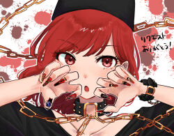 Rule 34 | 1girl, black hat, black shirt, chunmarupi, claw pose, collar, hat, hecatia lapislazuli, highres, looking at viewer, multicolored background, nail polish, open mouth, red eyes, red hair, shirt, solo, touhou