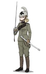 Rule 34 | 1girl, anyan (jooho), bandolier, gloves, helmet, highres, holding, holding sword, holding weapon, italian army, italy, military, military uniform, original, saber (weapon), sheath, solo, standing, sword, uniform, weapon, white background, world war i