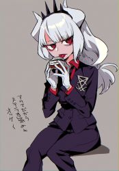 Rule 34 | 1girl, black jacket, black necktie, black pants, breasts, business suit, collared shirt, demon girl, demon horns, formal, gloves, grey background, hair ornament, helltaker, highres, holding, horns, jacket, japanese text, long hair, long sleeves, looking to the side, lucifer (helltaker), mafchimeco, medium breasts, mole, mole under eye, monster girl, necktie, neckwear request, pants, red eyes, red shirt, shirt, simple background, sitting, small breasts, solo, suit, tongue, tongue out, white gloves, white hair, white horns