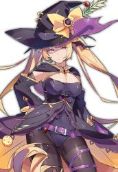 Rule 34 | 1girl, absurdly long hair, alternate costume, azur lane, bat hair ornament, belt, black pantyhose, blonde hair, breasts, buckle, cape, cleavage, cowboy shot, detached sleeves, dress, food-themed hair ornament, hair ornament, halloween, halloween costume, hand on own hip, hat, highres, jack-o&#039;-lantern, large breasts, leotard, long hair, looking at viewer, nelson (azur lane), nelson (luna witch) (azur lane), pantyhose, potion, pumpkin hair ornament, purple leotard, red eyes, shaded face, shirotae moyashi, sidelocks, simple background, solo, thigh strap, thighband pantyhose, twintails, very long hair, white background, wide sleeves, witch hat