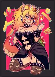 Rule 34 | armlet, artist name, black collar, black dress, black leotard, black nails, blonde hair, blue eyes, borrowed design, bowsette, bracelet, breasts, cleavage, collar, crown, dress, earrings, fingernails, fire, fishnets, fire, horns, iahfy, jewelry, large breasts, leg up, leotard, long hair, mario (series), nail polish, new super mario bros. u deluxe, nintendo, open mouth, pointy ears, ponytail, red background, sharp fingernails, sharp teeth, smile, solo, spiked armlet, spiked bracelet, spiked collar, spiked shell, spiked tail, spikes, strapless, super crown, tail, teeth, transformation, turtle shell