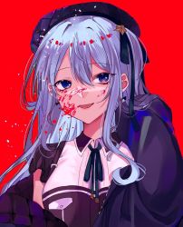 Rule 34 | 1girl, :d, black hat, black ribbon, blood, blood splatter, blue eyes, blue hair, collared shirt, dress shirt, hair between eyes, hair ornament, hair ribbon, hat, highres, hololive, hoshimachi suisei, hoshimachi suisei (streetwear), long hair, looking at viewer, masumi916, neck ribbon, open mouth, red background, ribbon, shirt, simple background, smile, solo, star (symbol), star hair ornament, upper body, virtual youtuber, wing collar, yandere