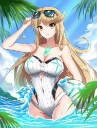 Rule 34 | 1girl, blonde hair, breasts, chest jewel, fgsketch, gem, headpiece, highres, large breasts, long hair, mythra (radiant beach) (xenoblade), mythra (xenoblade), one-piece swimsuit, ribbed swimsuit, solo, strapless, strapless one-piece swimsuit, striped clothes, striped one-piece swimsuit, swept bangs, swimsuit, tiara, two-tone swimsuit, very long hair, white one-piece swimsuit, xenoblade chronicles (series), xenoblade chronicles 2, yellow eyes