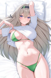 1girl absurdres alternate_costume arm_up bed_sheet bikini bikini_under_clothes black_hairband blush breasts closed_mouth firefly_(honkai:_star_rail) grey_hair hair_between_eyes hairband head_on_pillow highres honkai:_star_rail honkai_(series) large_breasts long_hair looking_to_the_side navel on_bed purple_eyes rosumerii shirt short_sleeves solo stomach swimsuit thighs white_shirt