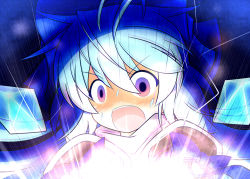 Rule 34 | 1girl, blue background, blue hair, bow, cirno, commentary request, hair bow, open mouth, scarf, solo, surprised, touhou, yurume atsushi